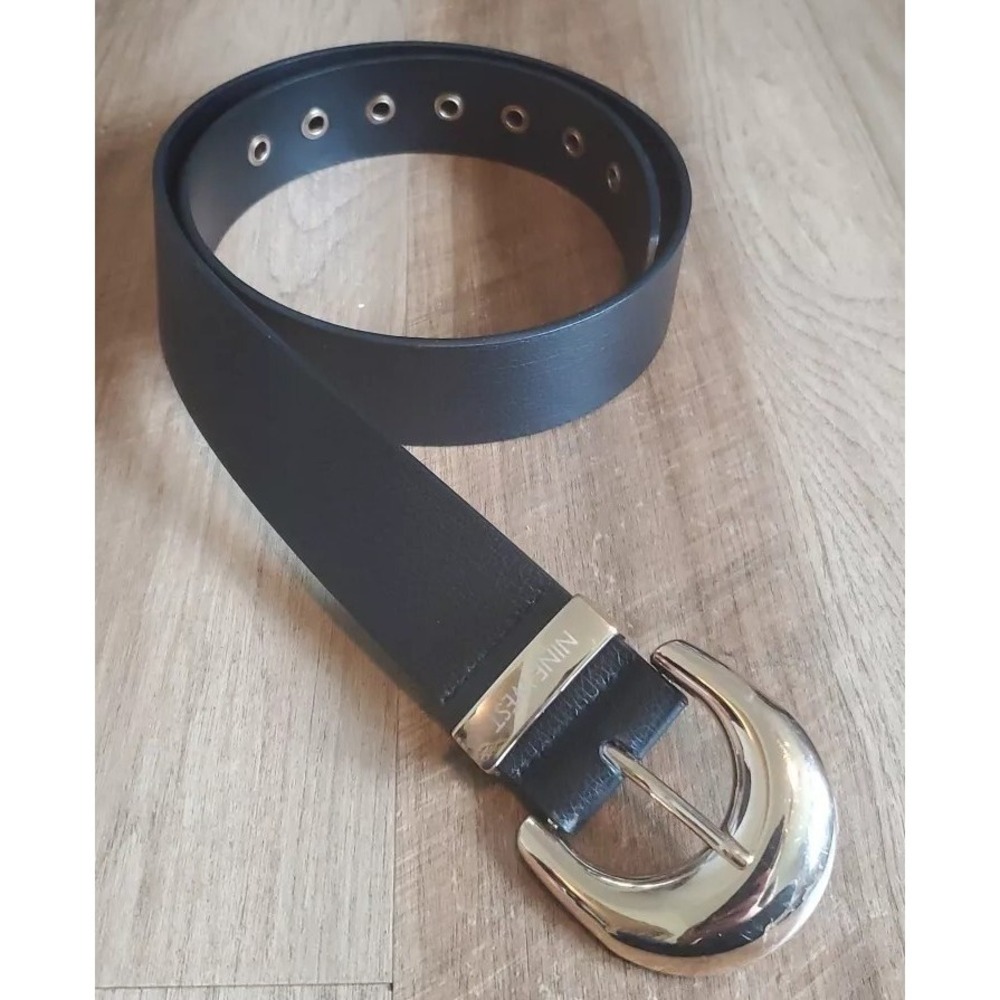 Nine West Faux Leather Black Belt Womens‎ Size M/L Gold Tone Large Buckle